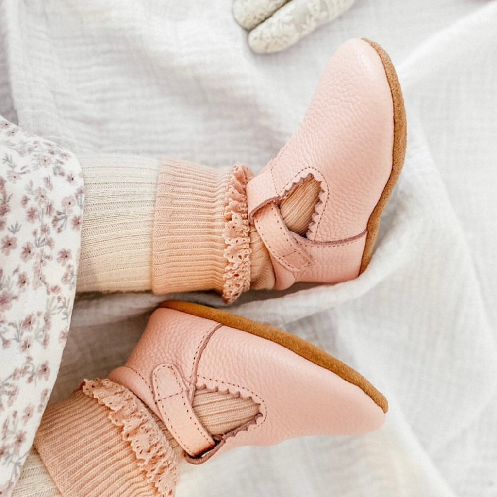 Wisp Pink Leather Baby T Bar Shoe — baby shoes colour swatch detail