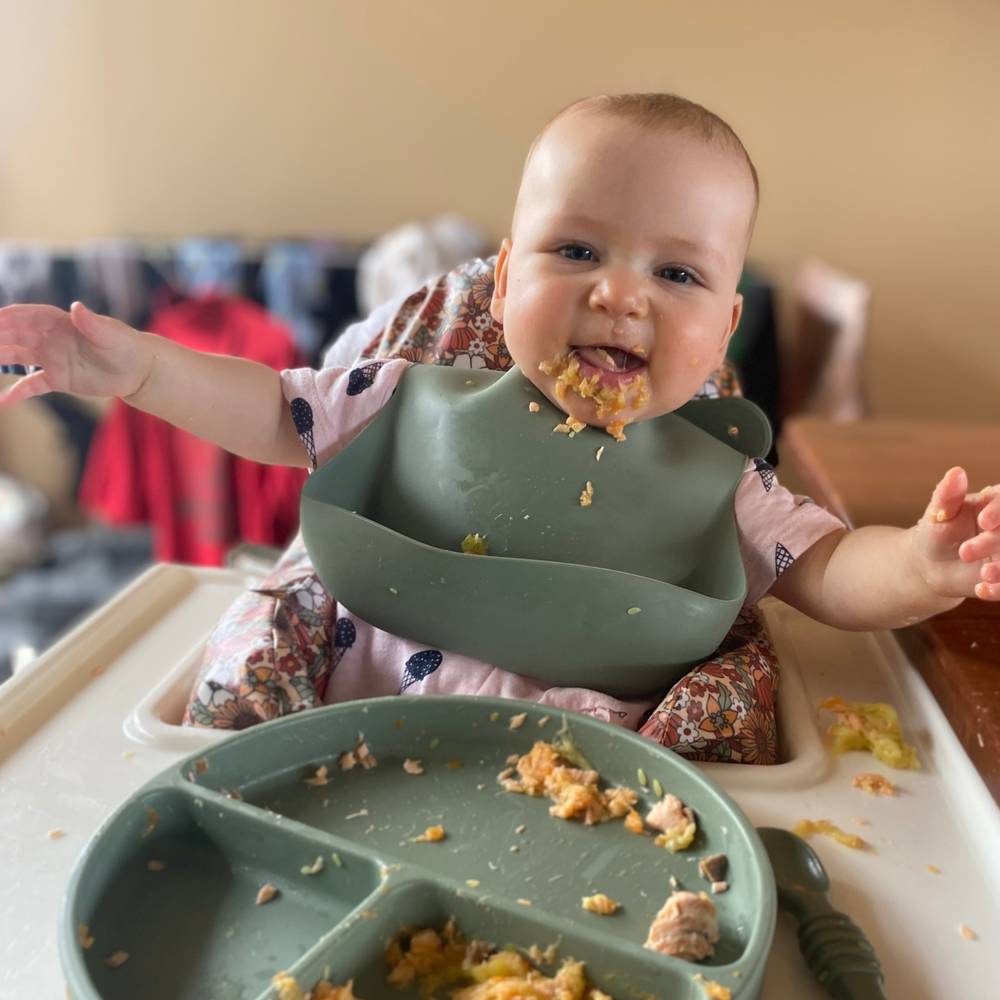 Silicone Baby Feeding Set in Chalet Green — cat baby bib showing face and soft texture