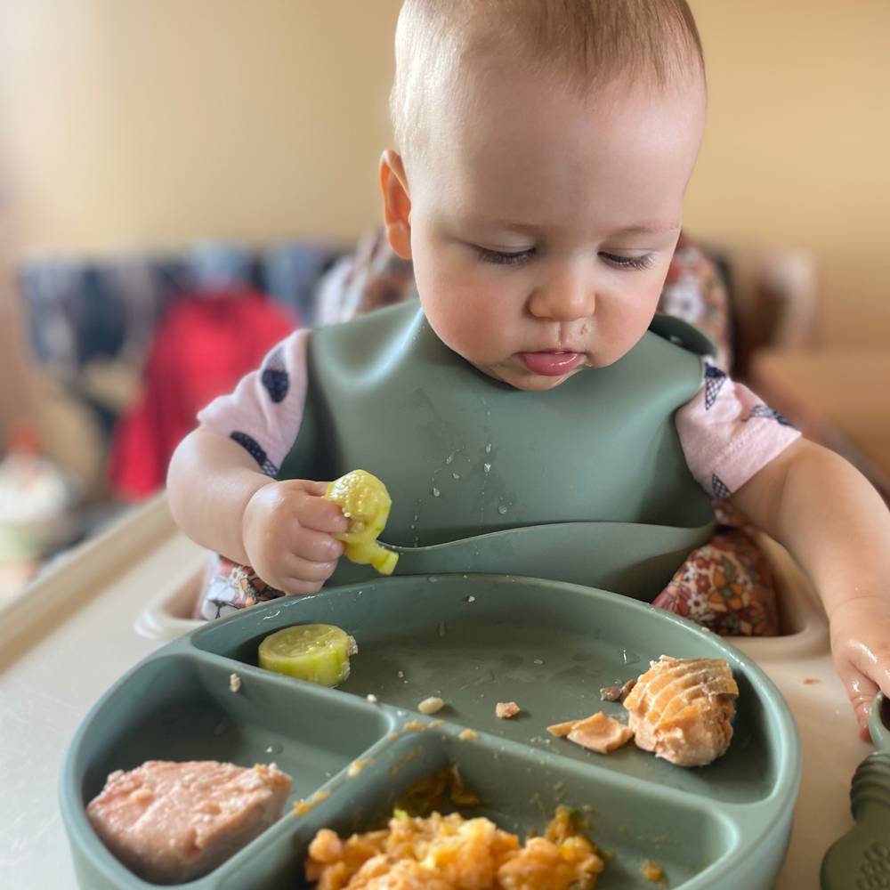 Baby wearing chalet green baby bib during mealtime — Silicone Baby Feeding Set