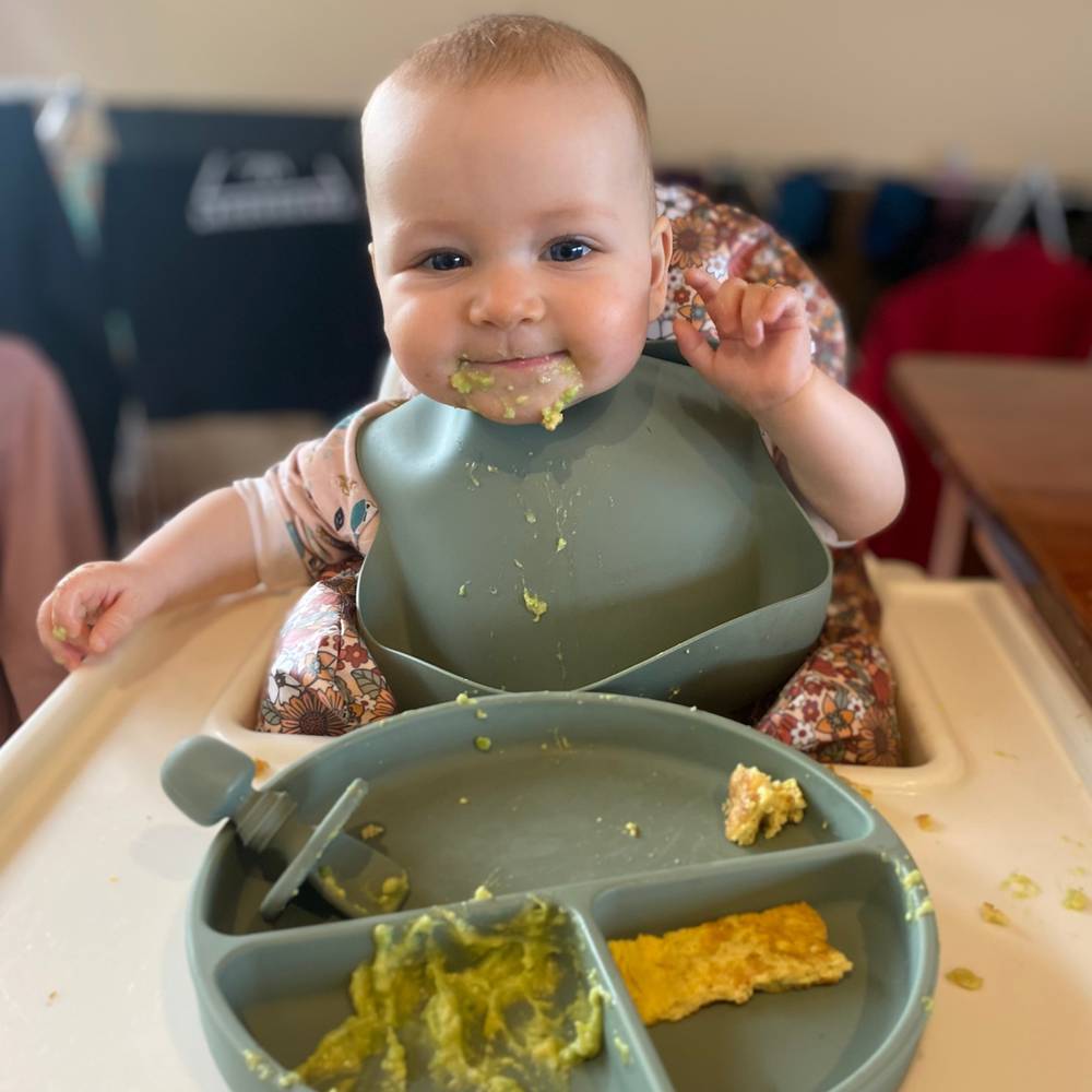 Silicone Baby Feeding Set in Chalet Green — baby bib size and scale reference