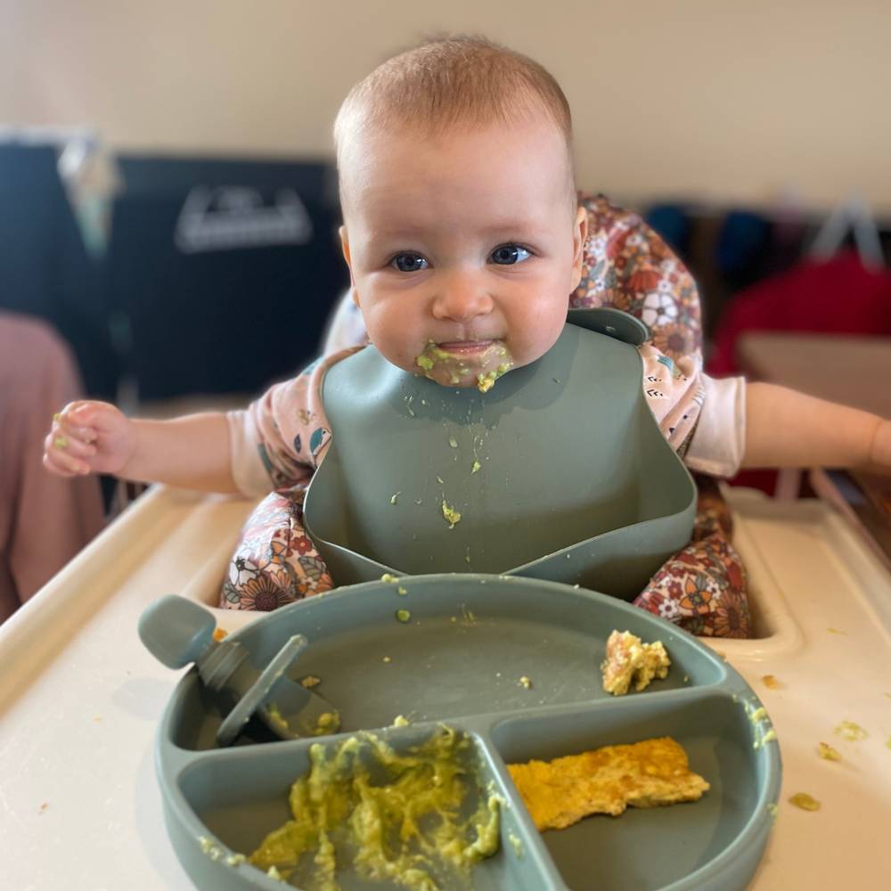 Silicone Baby Feeding Set in Chalet Green — baby bib gift-ready packaging and presentation