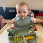 Silicone Baby Feeding Set in Chalet Green — baby bib gift-ready packaging and presentation