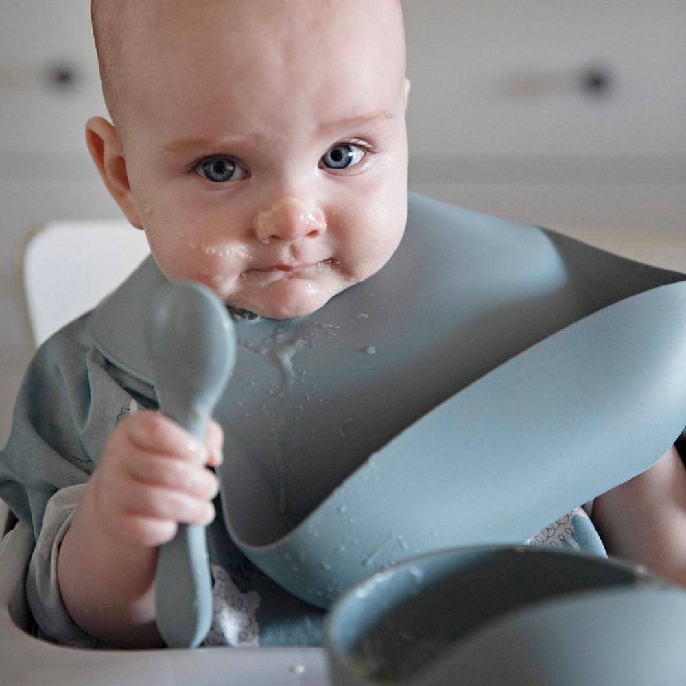 Silicone Baby Feeding Set in Cherry Blossom — baby bib gift-ready packaging and presentation