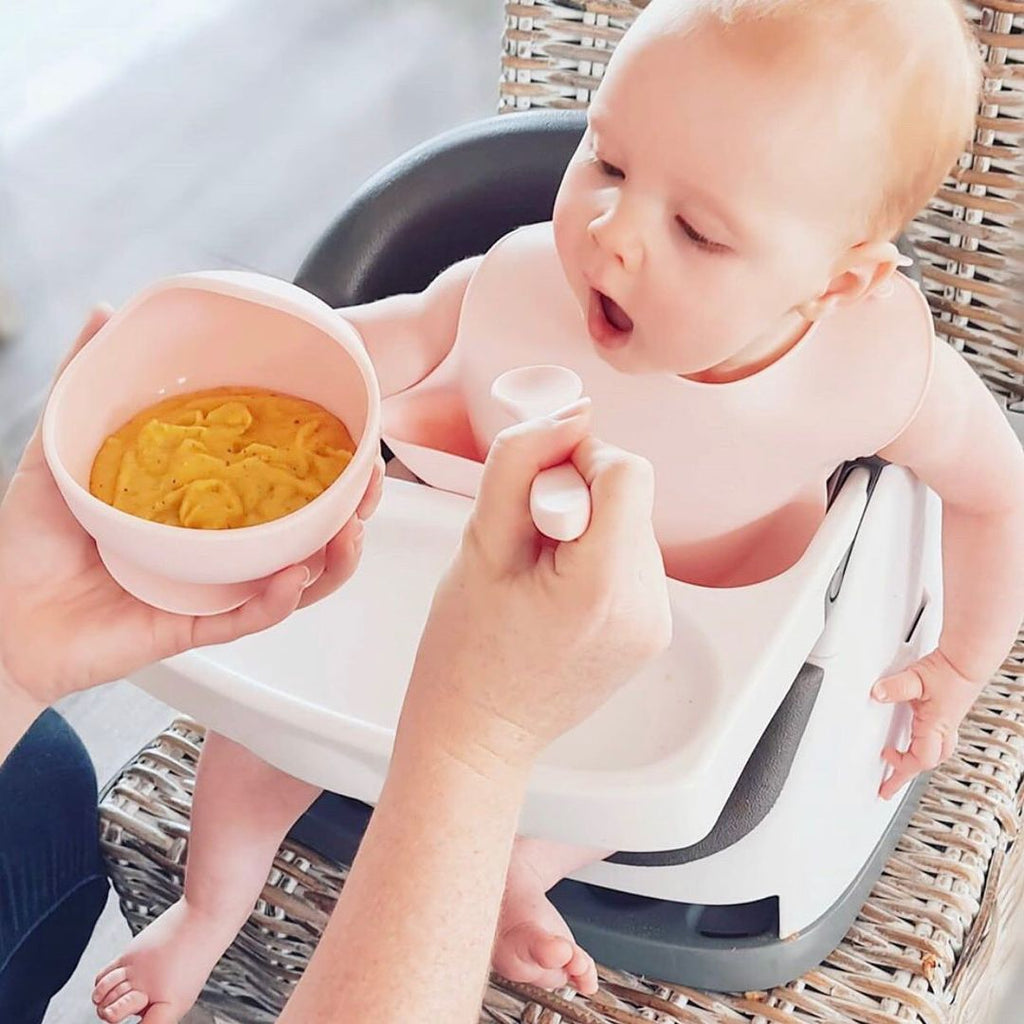 Silicone Baby Feeding Set in Koala Grey — baby bib gift-ready packaging and presentation