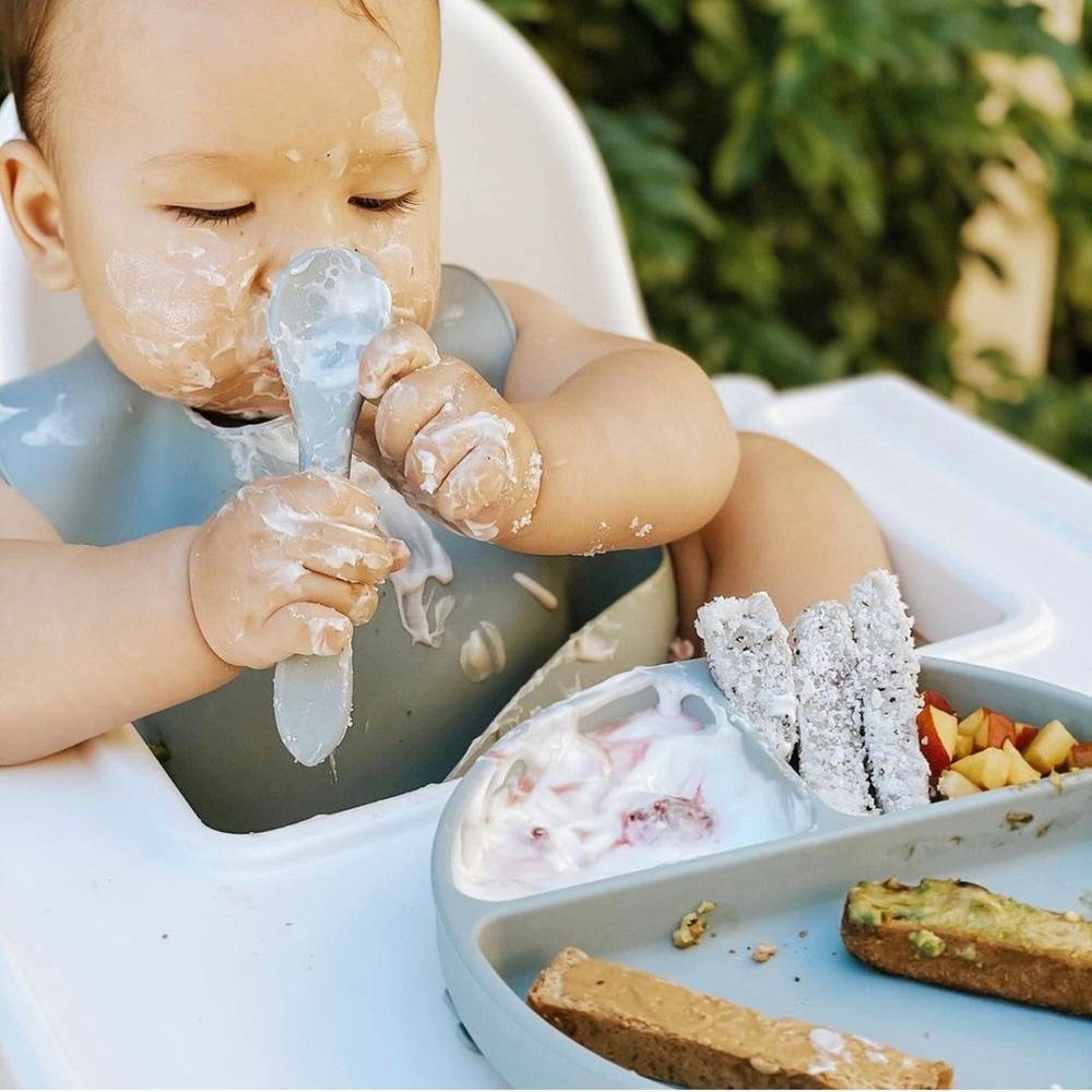 Silicone Baby Feeding Set in Cherry Blossom — baby bib size and scale reference