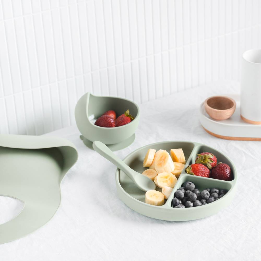 Silicone Baby Feeding Set in Cherry Blossom — cherry blossom baby bib colour swatch detail