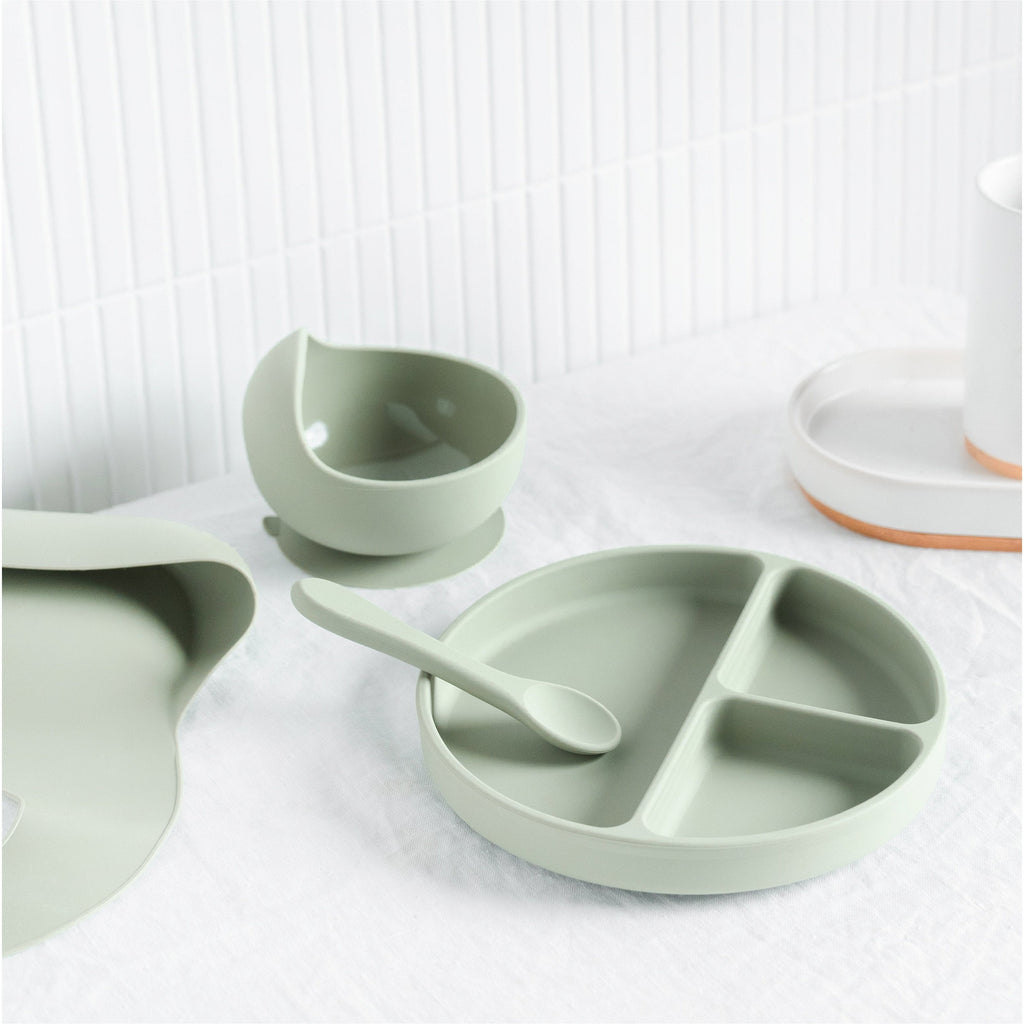 Silicone Baby Feeding Set in Koala Grey — baby bib gift-ready packaging and presentation