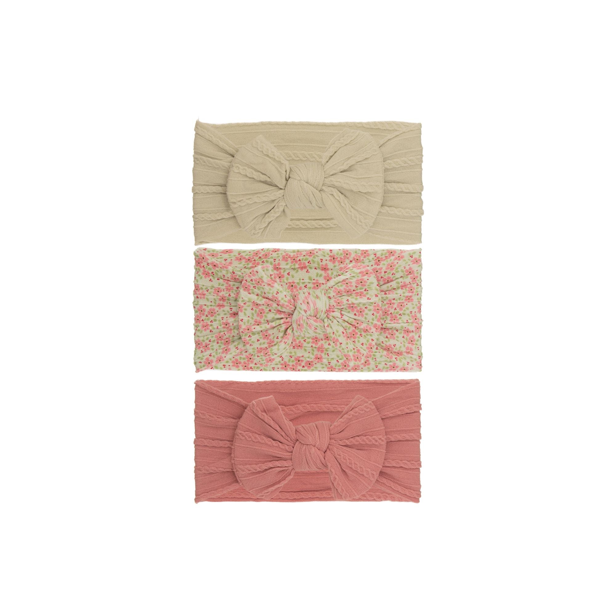 Nylon ear detail baby headband with bow detail — 3 Piece Single Bowie Baby Headband Set #19 on white background