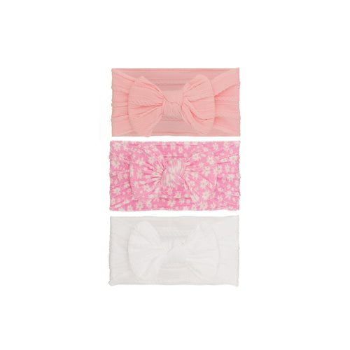 Nylon ear detail baby headband with bow detail — 3 Piece Single Bowie Baby Headband Set #4 on white background
