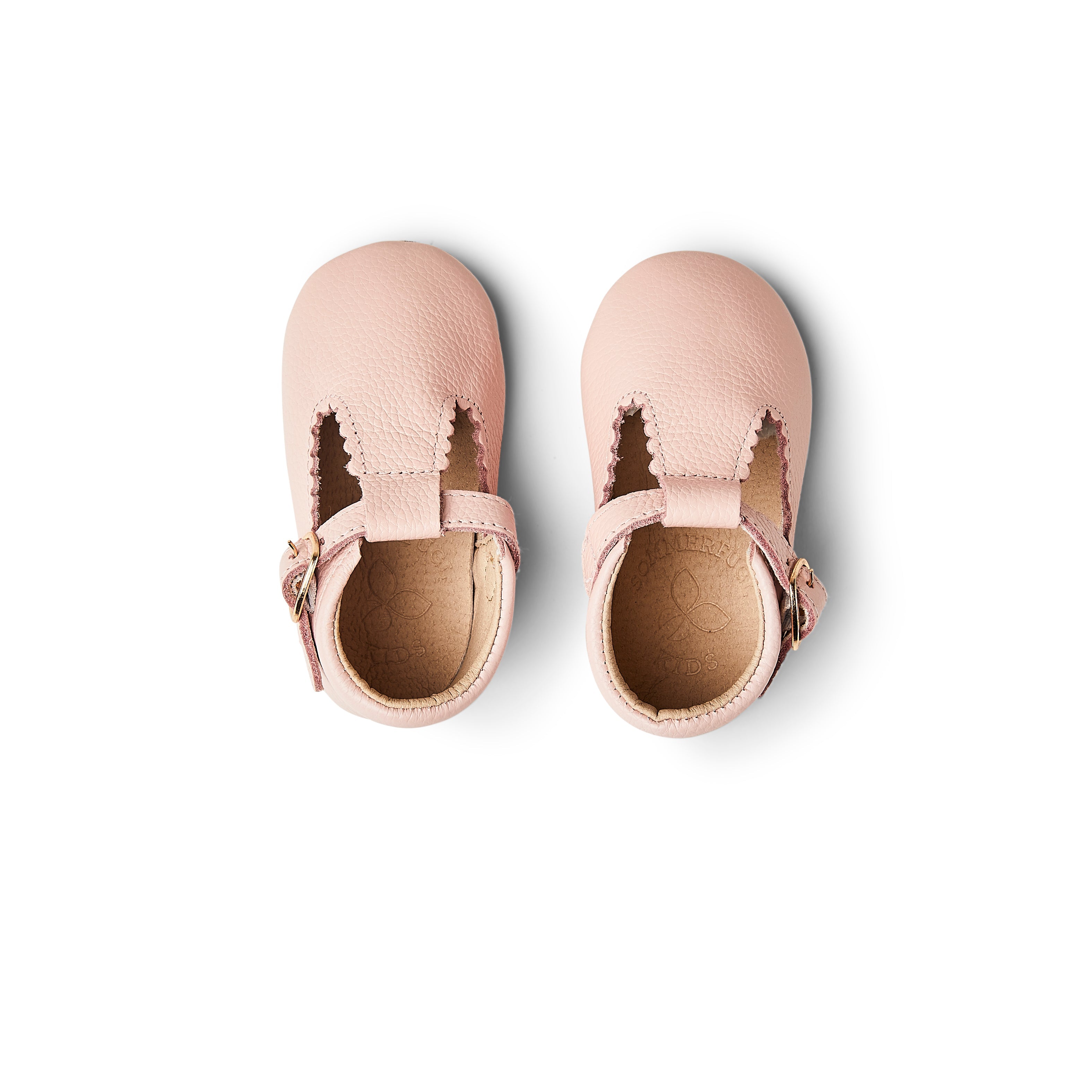Wisp Pink Leather Baby T Bar Shoe — baby shoes sole and strap detail view