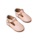 Baby wearing baby shoes — Wisp Pink Leather Baby T Bar Shoe