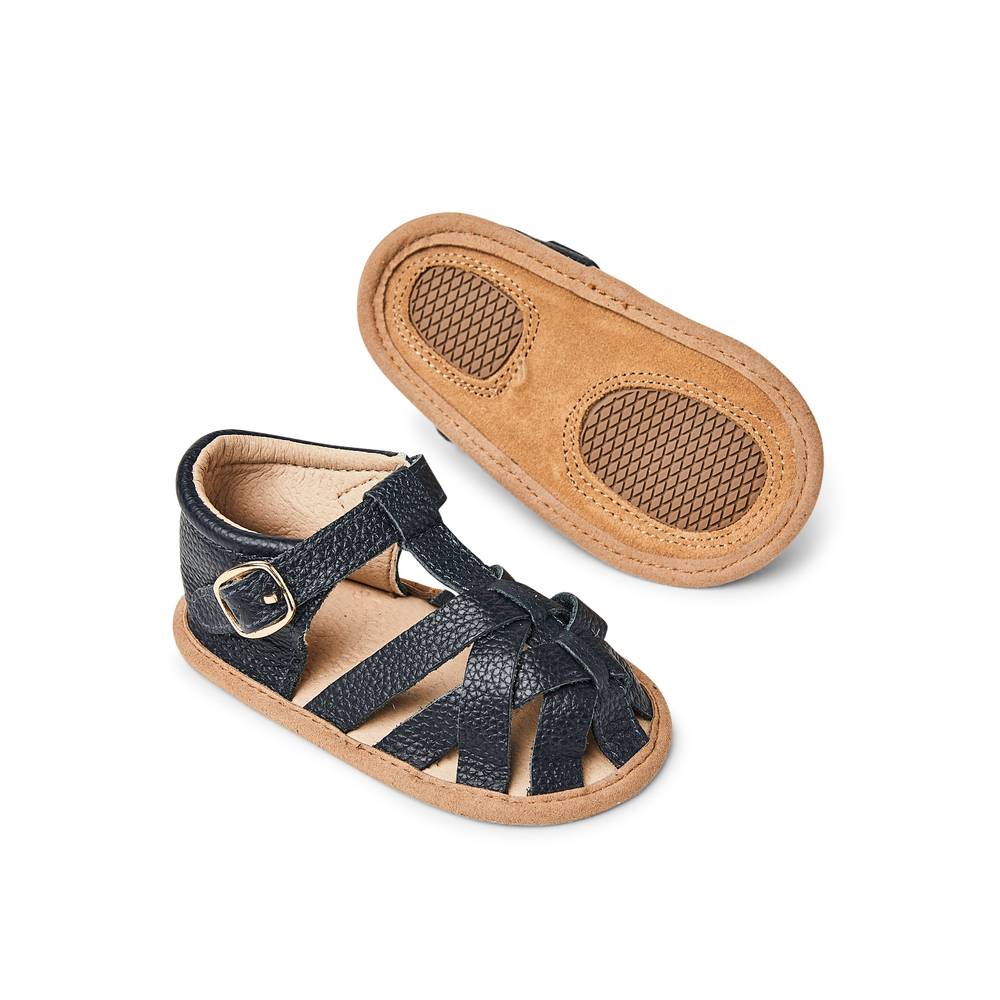 Zodiac Blue Leather Baby Sandal — close-up showing lace texture and craftsmanship