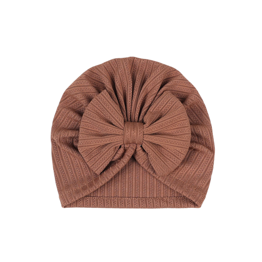 Tawny ribbed ear detail baby turban with bow detail — Mila Baby Turban on white background