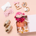 Cable knit floral baby gift set — "The Little Ballerina" Bows & Gold Moccs — Baby Girl Gift Bundle on white background