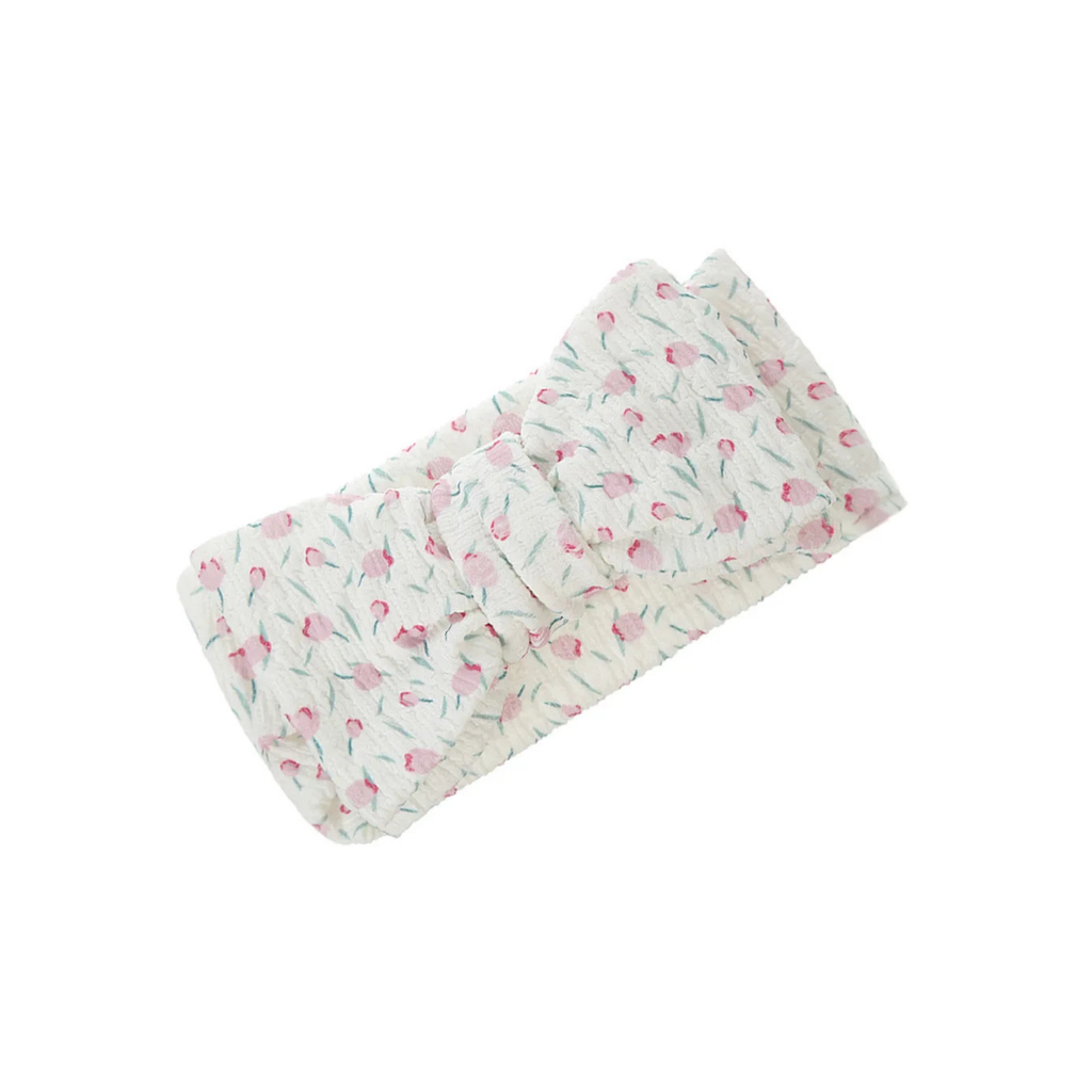 Tulip crinkle knotted bow baby headband — Pepper Baby Headband on white background