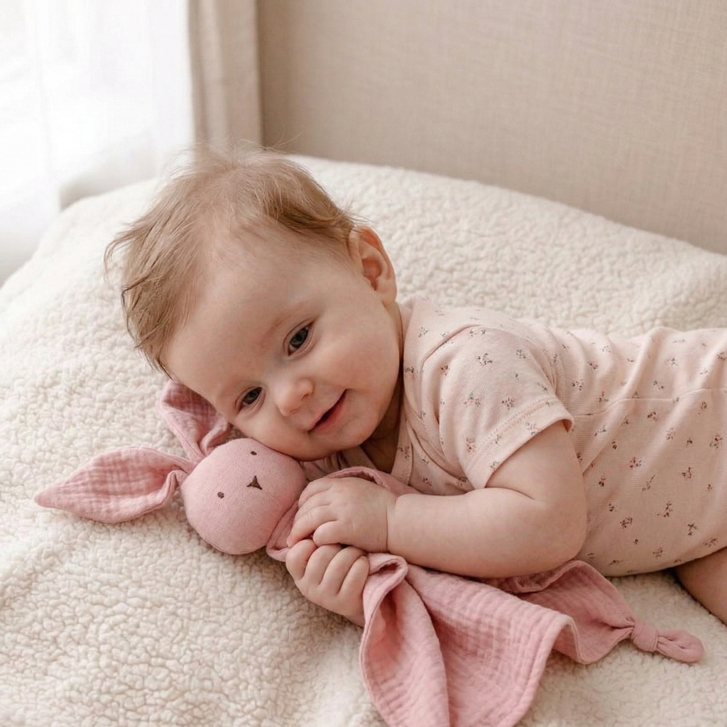 Twitch Bunny Cotton Baby Comforter in Blush — bunny baby comforter showing face and soft texture