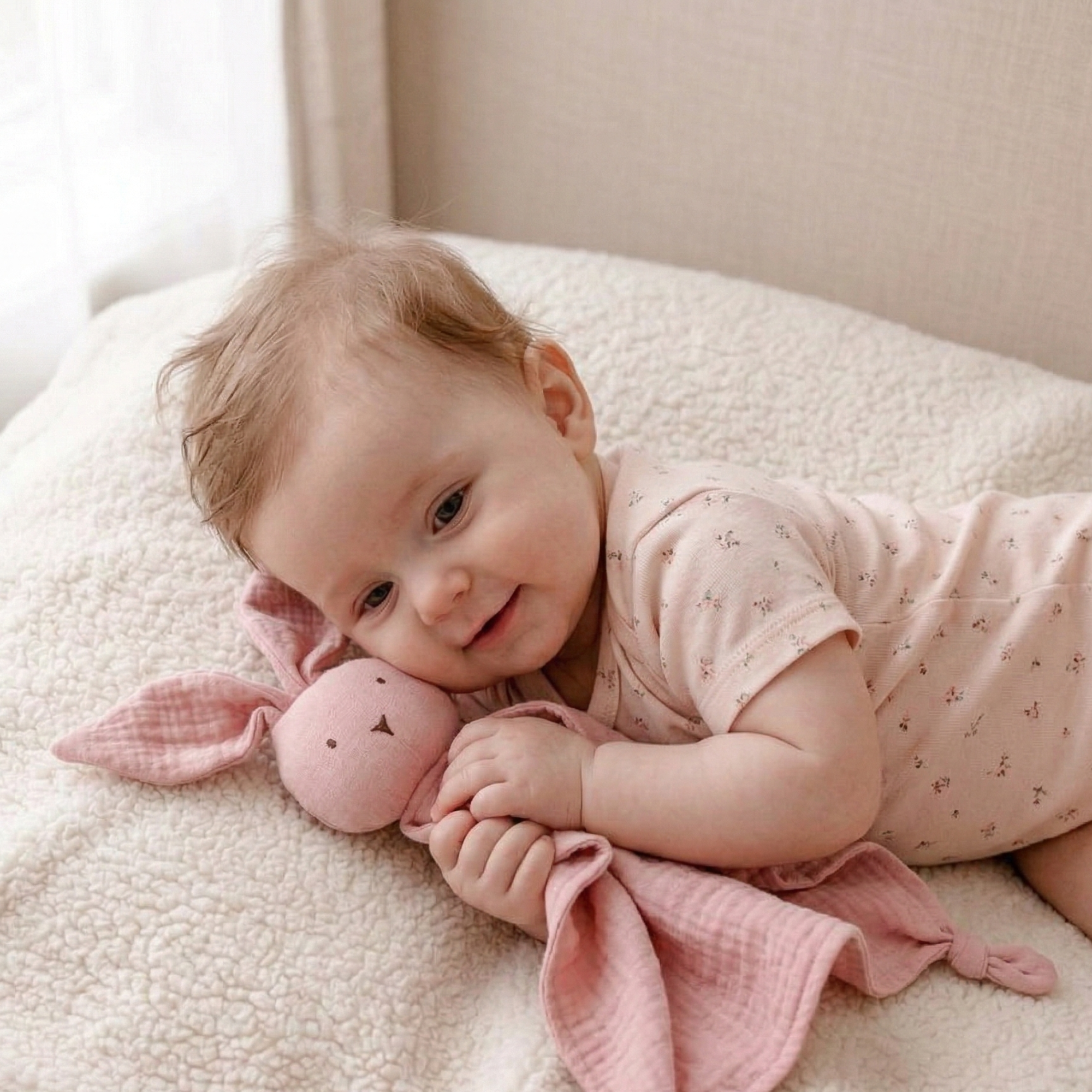 Twitch Bunny Cotton Baby Comforter in Blush — bunny baby comforter showing face and soft texture