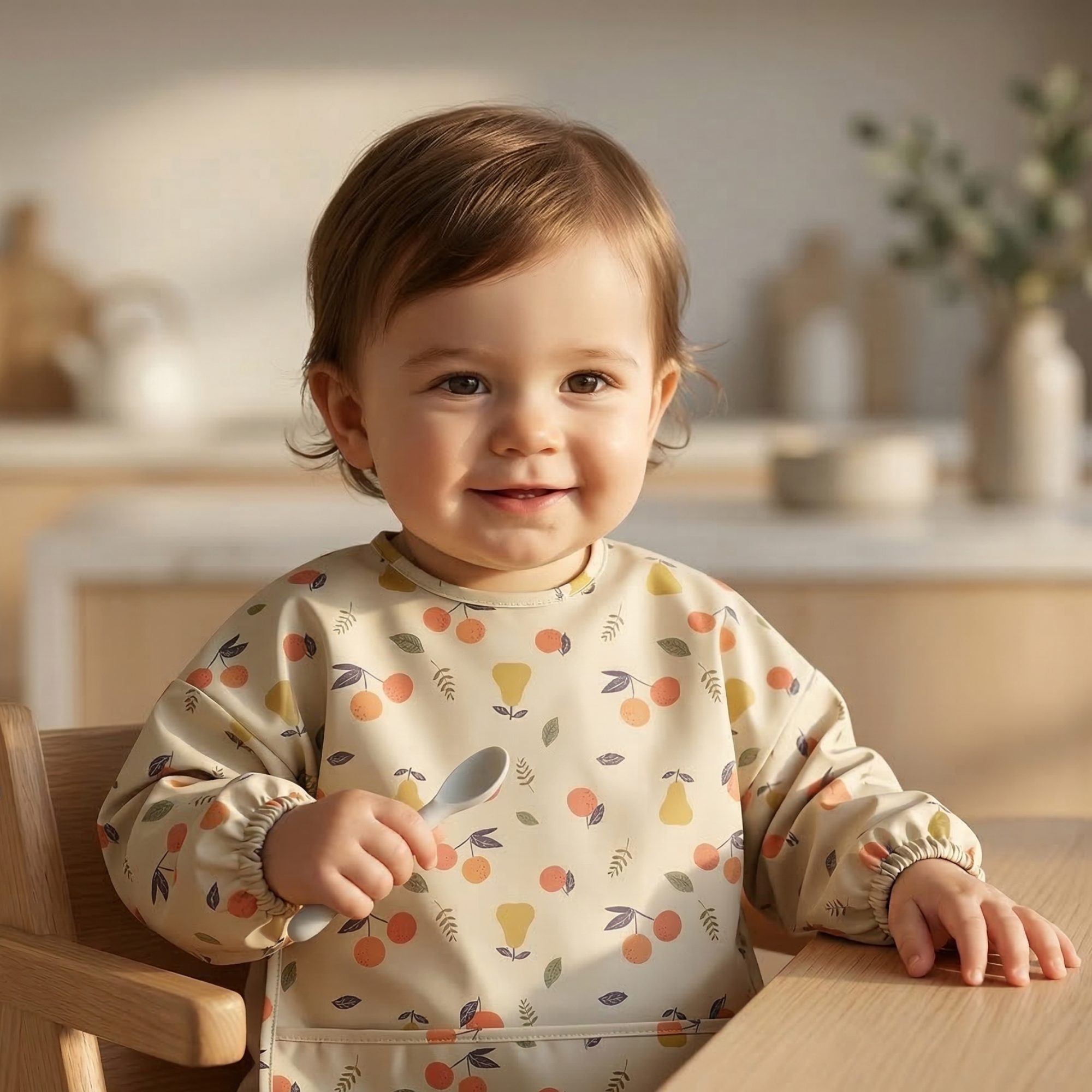 Perfect Pair Waterproof Baby Smock Bib Long Sleeve — cat baby bib showing face and soft texture