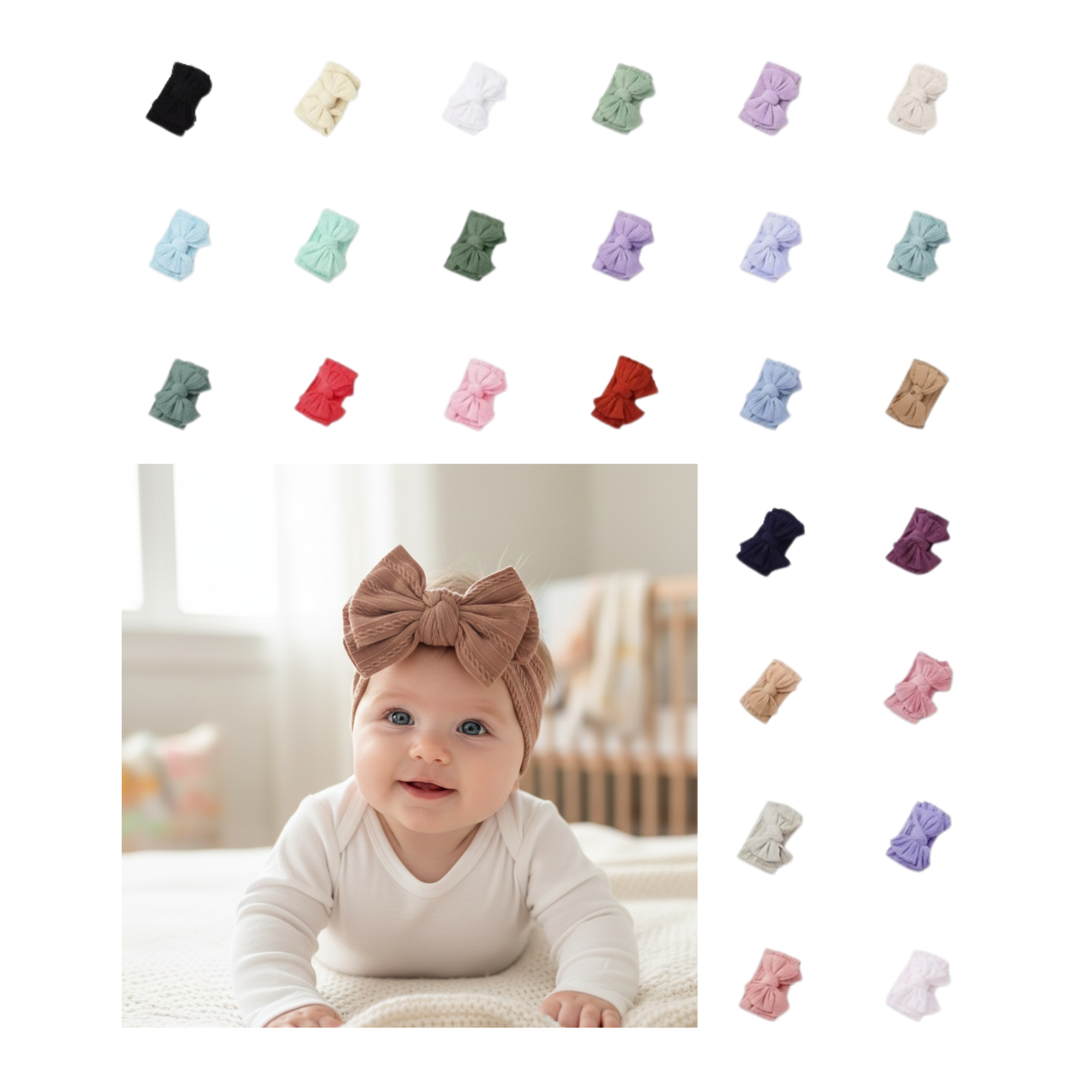 Nylon ear detail baby headband with bow detail — Bowie Cable Knit Double Bow Headband on white background