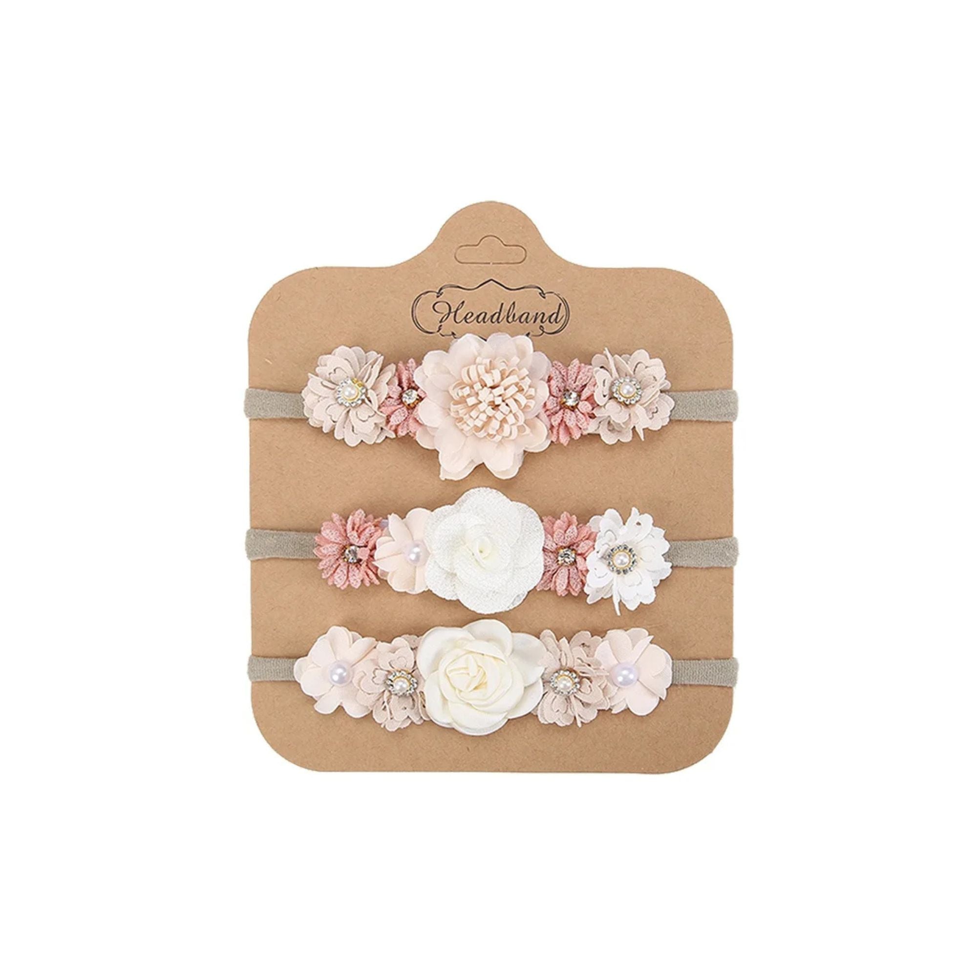 Soft rose nylon floral baby headband with bow detail — Isla 3 Piece Faux Flower Baby Headband Set on white background