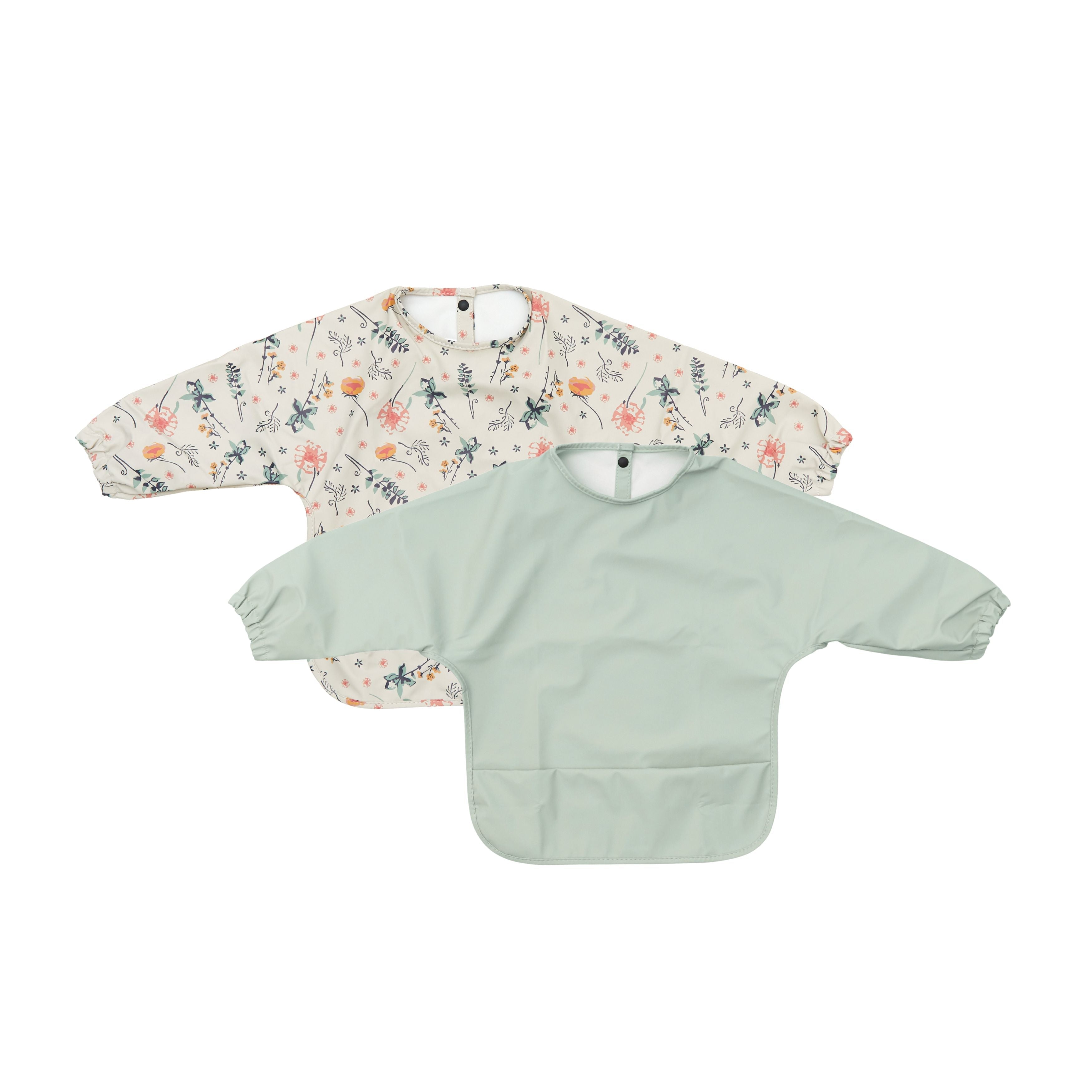 Waterproof Baby Smock Bib Twin Pack #1 Long Sleeve Feeding Bib Set — set of 3 baby bibs on white background