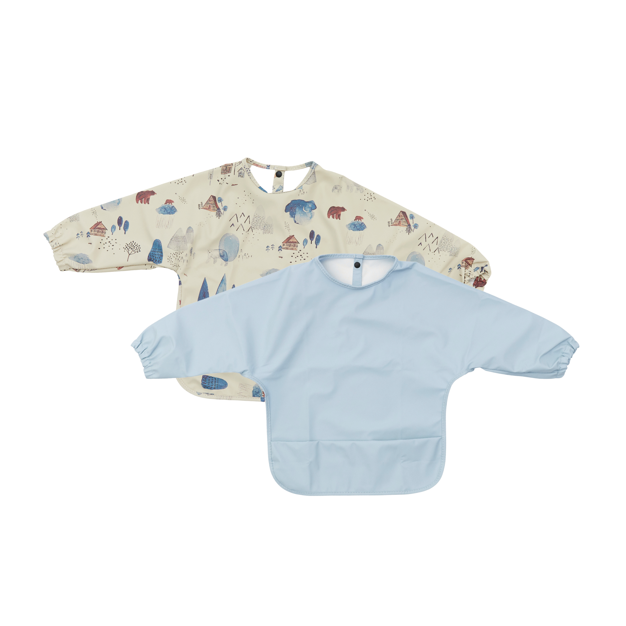 Waterproof Baby Smock Bib Twin Pack #7 Long Sleeve Feeding Bib Set — set of 3 baby bibs on white background