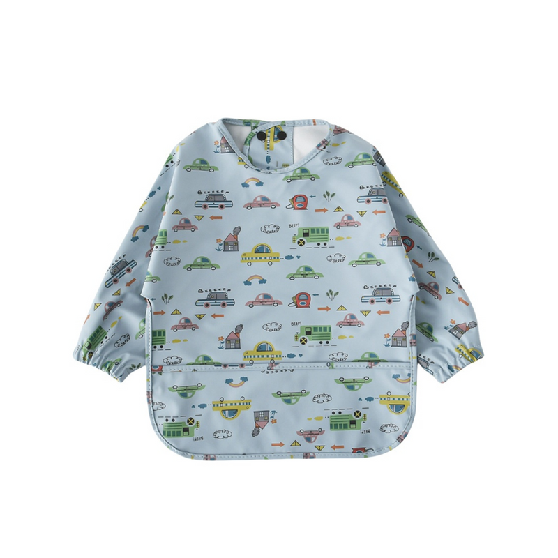 Waterproof Long Sleeve Baby Smock Bib in Motor Mischief