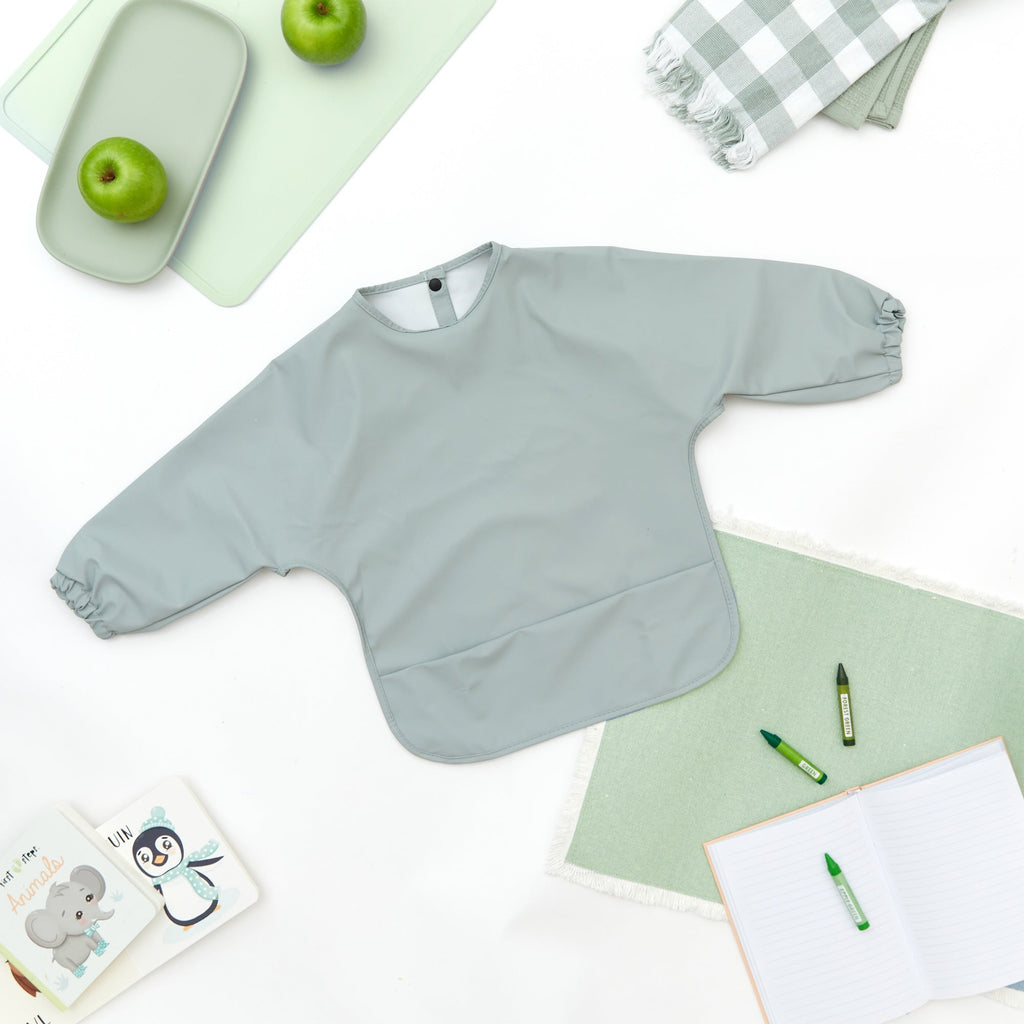 Aloe Green Waterproof Baby Smock Bib Long Sleeve — cat baby bib showing face and soft texture