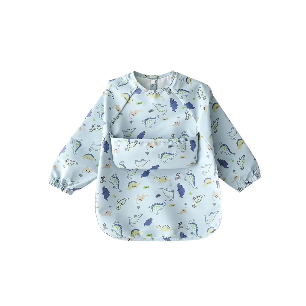 Ear detail baby bib — Jurassic Blue Waterproof Baby Smock Bib Long Sleeve on white background