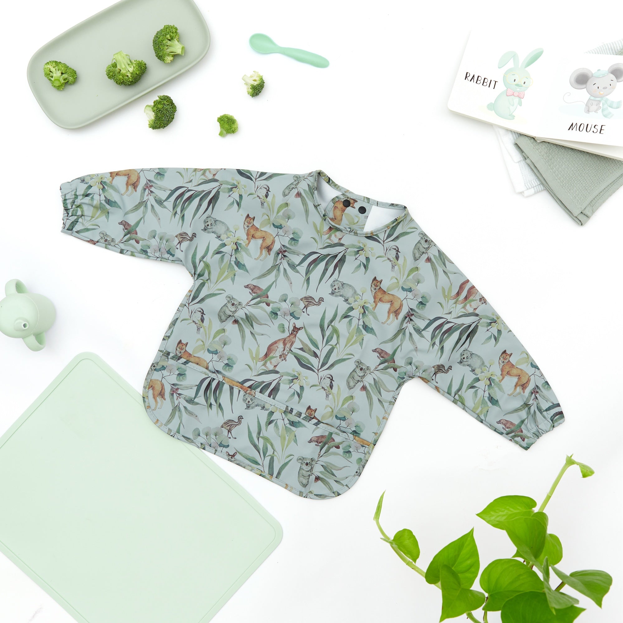 Aussie Tails Waterproof Baby Smock Bib Long Sleeve — koala baby bib showing face and soft texture