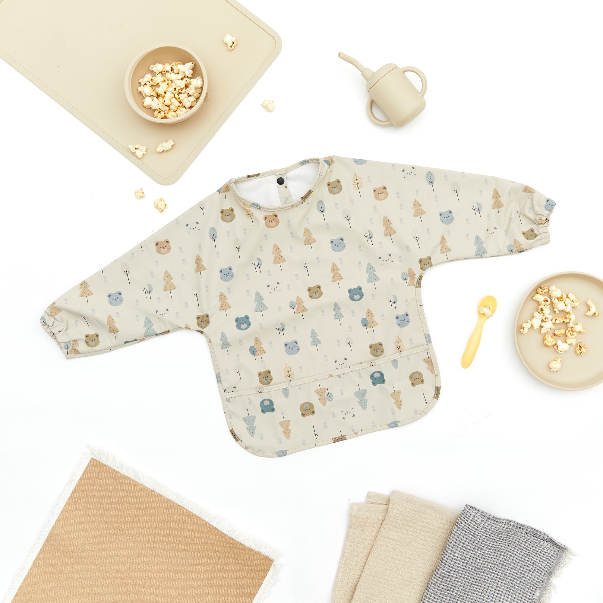 Woodland Cubs Waterproof Baby Smock Bib Long Sleeve — bear baby bib showing face and soft texture