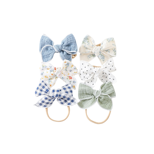 Wren Muslin Bow Headband 6-Pack in Coastal Breeze — 6-pack baby headbands in Coastal Breeze tones on white background