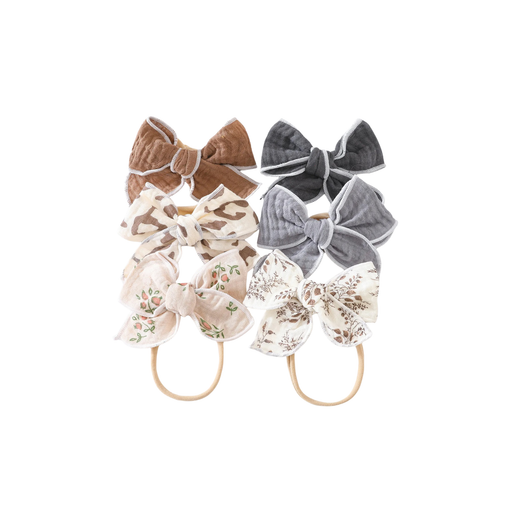Wren Muslin Bow Headband 6-Pack in Wild Earth — 6-pack baby headbands in Wild Earth tones on white background