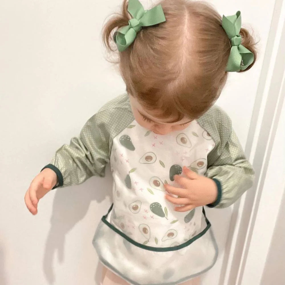 Avocados Waterproof Baby Smock Bib Long Sleeve — cat baby bib showing face and soft texture