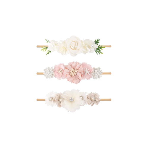Three cream rose and pearl floral baby headbands from the Lark ivory set