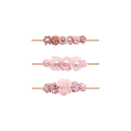 Three dusty pink chiffon pearl flower baby headbands from the Lark pearl set