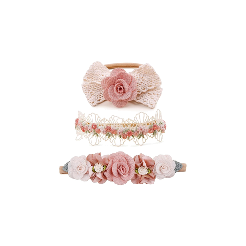 Three dusty pink lace bow and rose crown baby headbands from the Lark rosewood set
