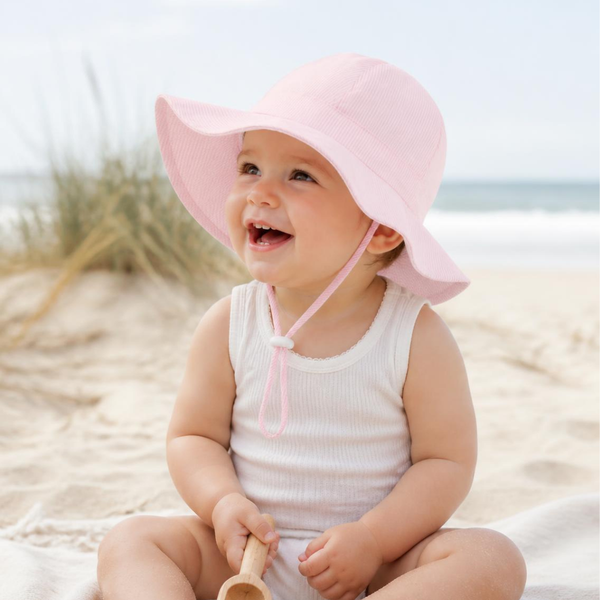 Laughing baby in a pink wide brim sun hat by the sand dunes