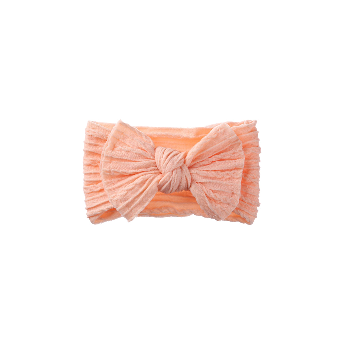 Banjo stitched bow cable knit baby headband in peach