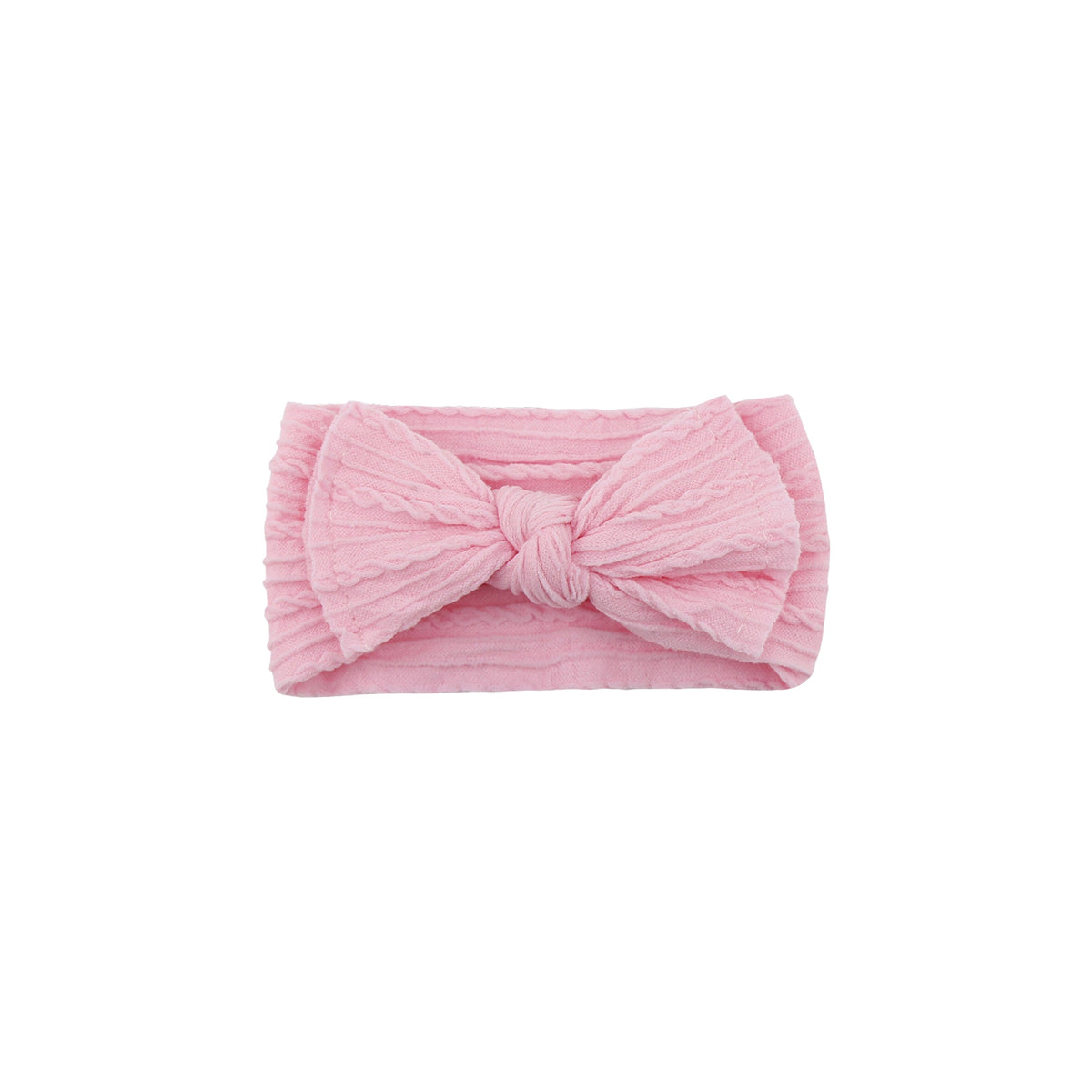 Banjo stitched bow cable knit baby headband in peony