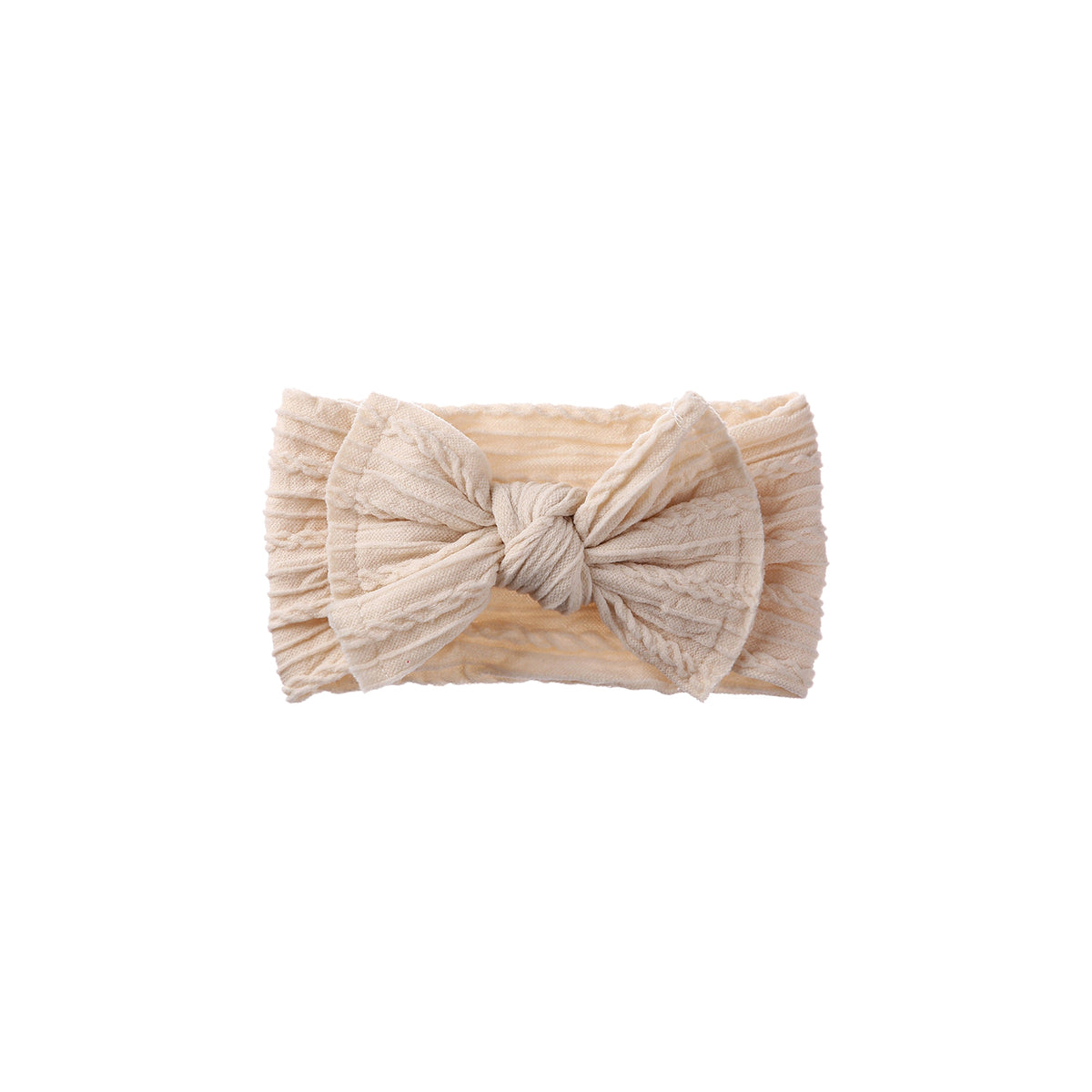 Banjo stitched bow cable knit baby headband in sand