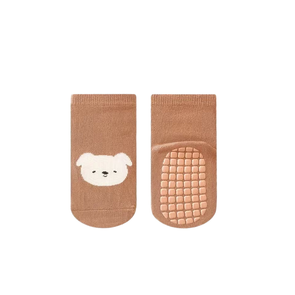 Barkley puppy baby grip socks in latte, white puppy knitted on the side and peach grip dots on the sole, Sommerfugl Kids
