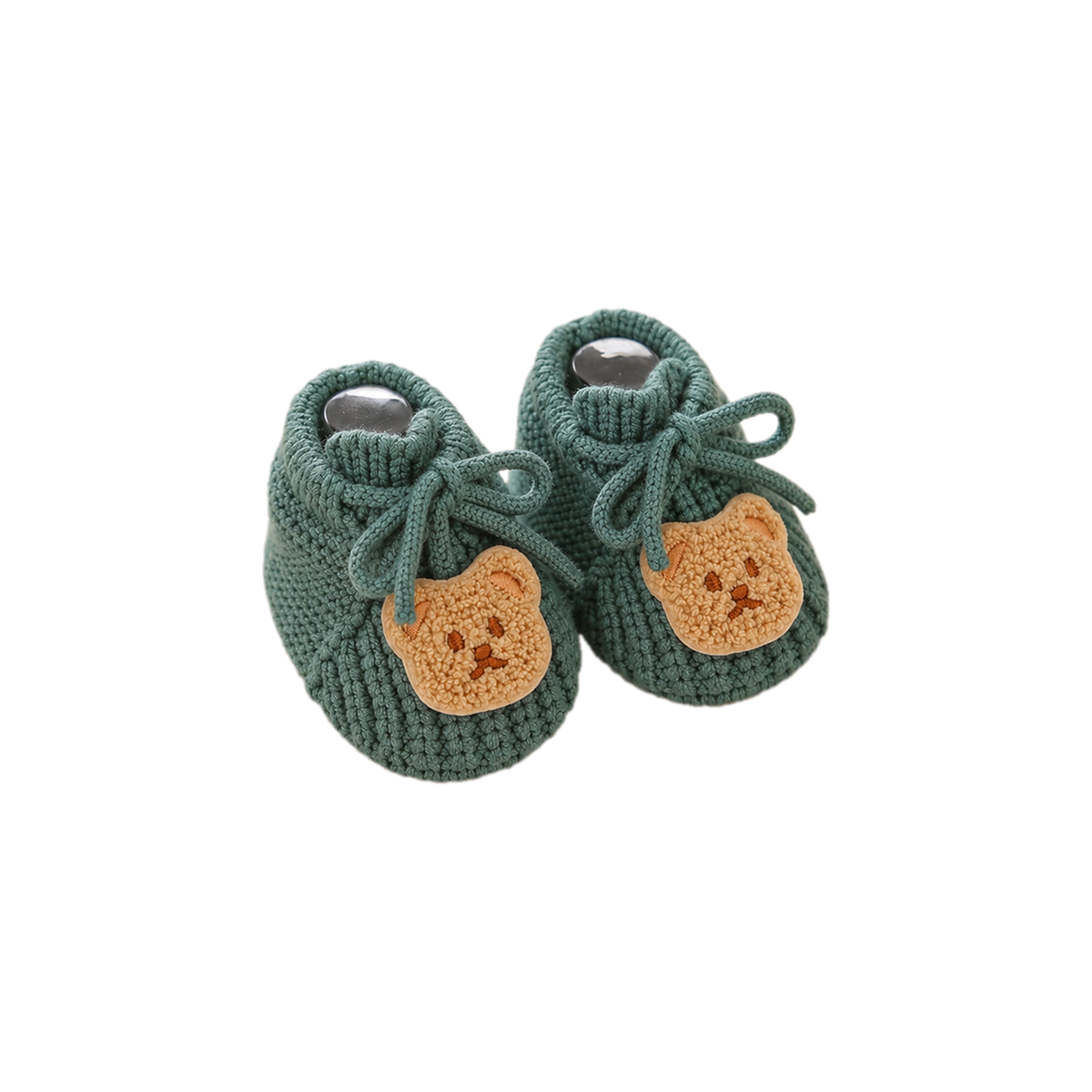 Barnaby bear crochet baby bootie in fern green