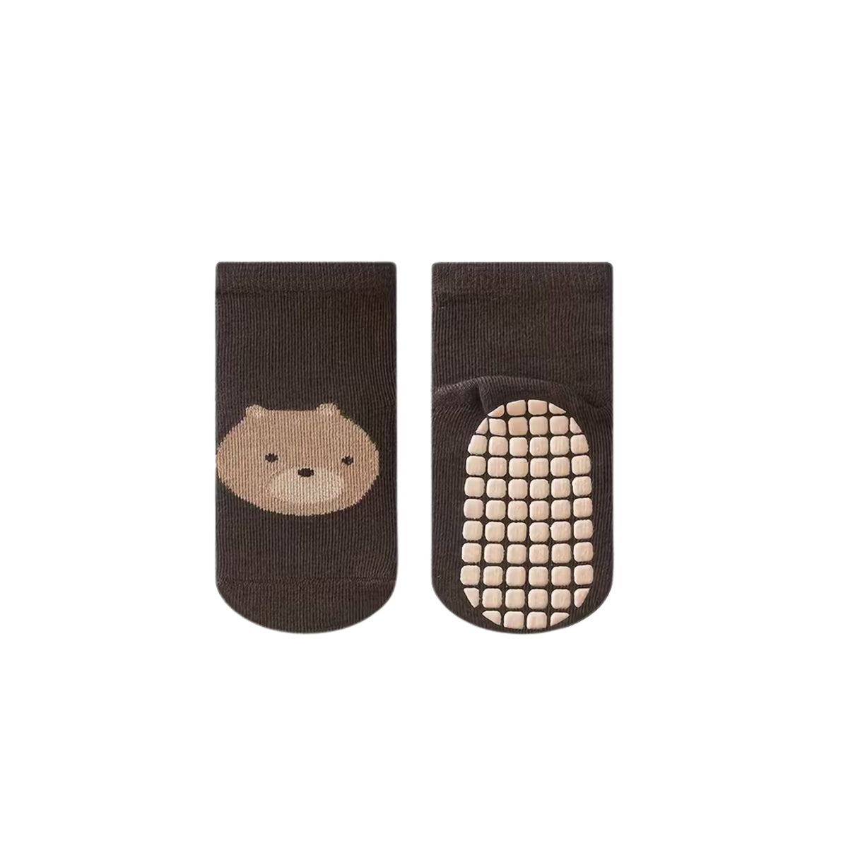 Bearnard bear baby grip socks in sienna brown, tan bear face knitted on the side and cream grip dots on the sole, Sommerfugl Kids