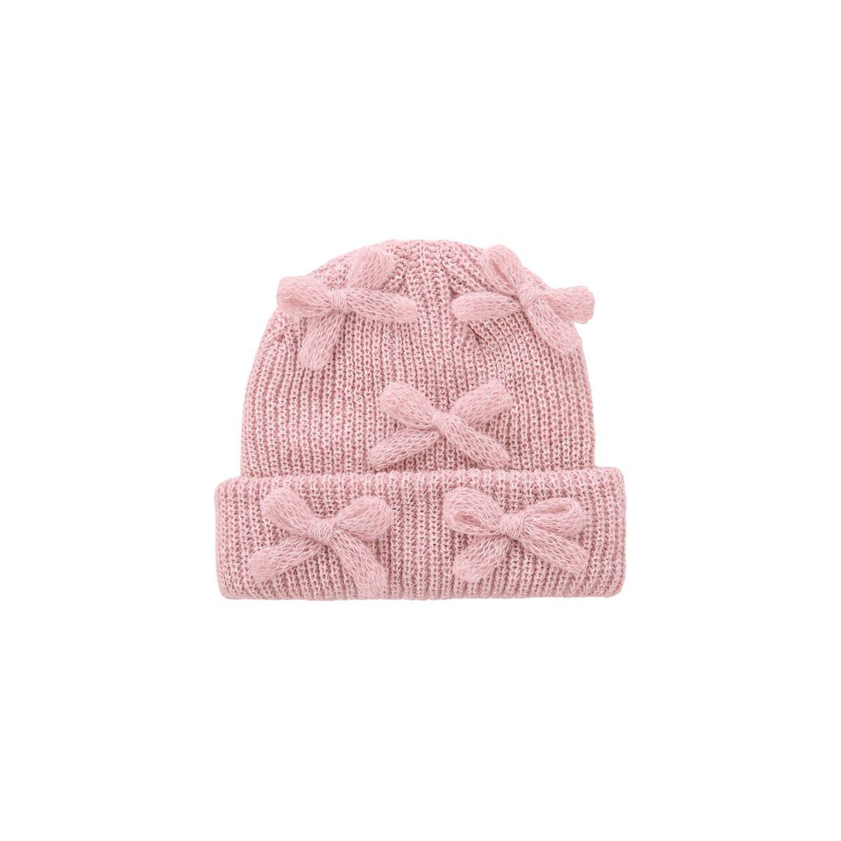 Beau bow knit baby beanie in blush with five fluffy bows