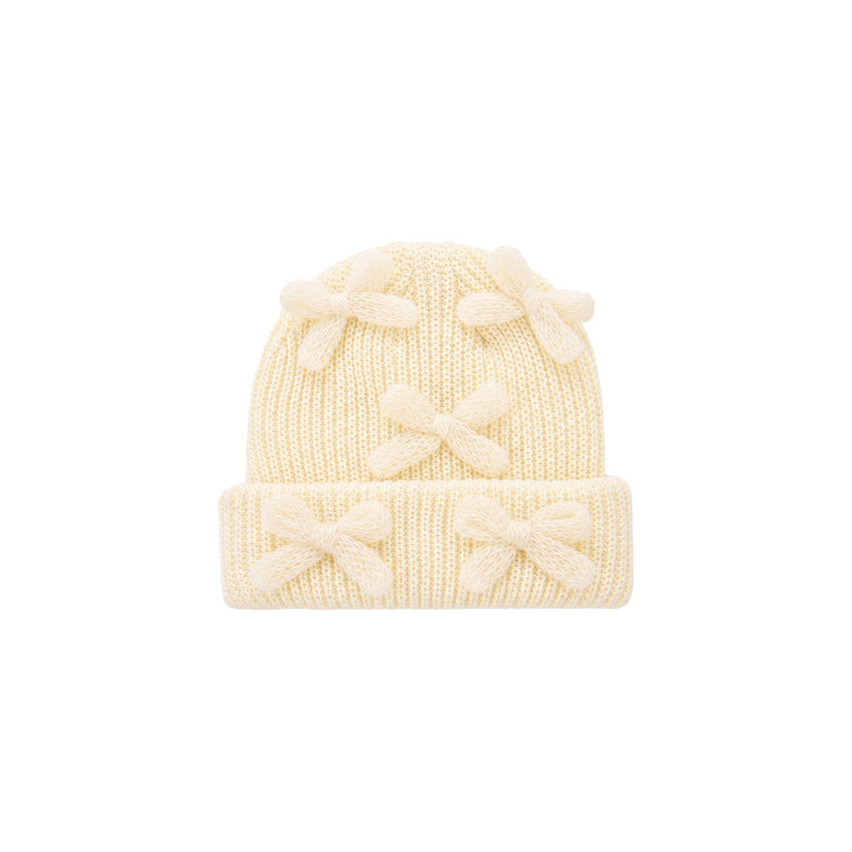 Beau bow knit baby beanie in ivory with five fluffy bows