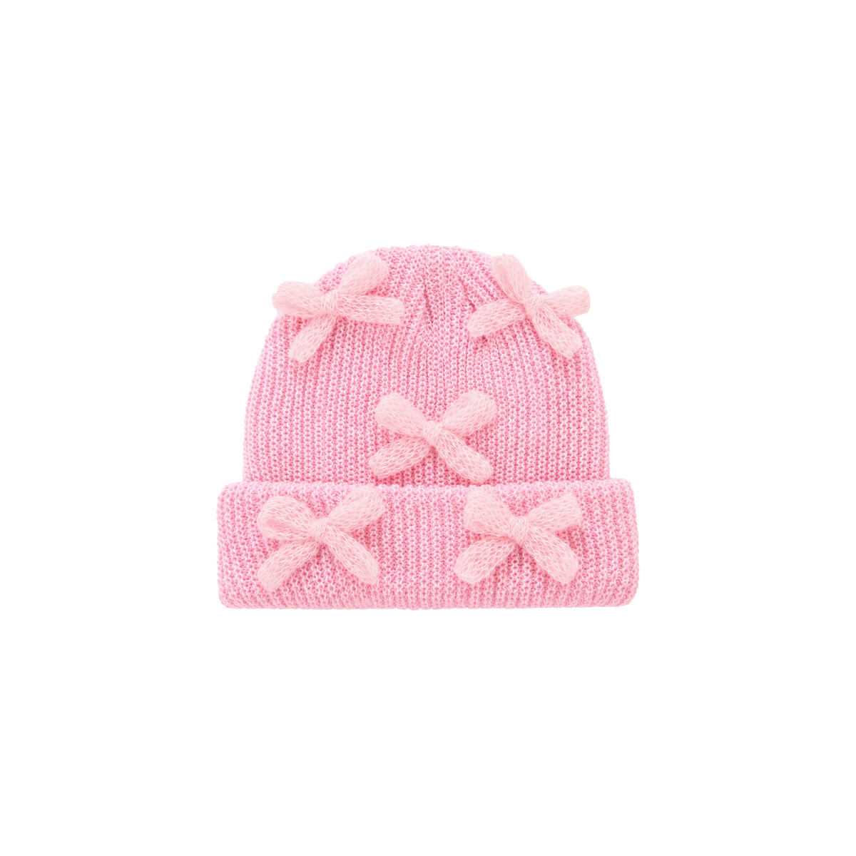 Beau bow knit baby beanie in pink with five fluffy bows