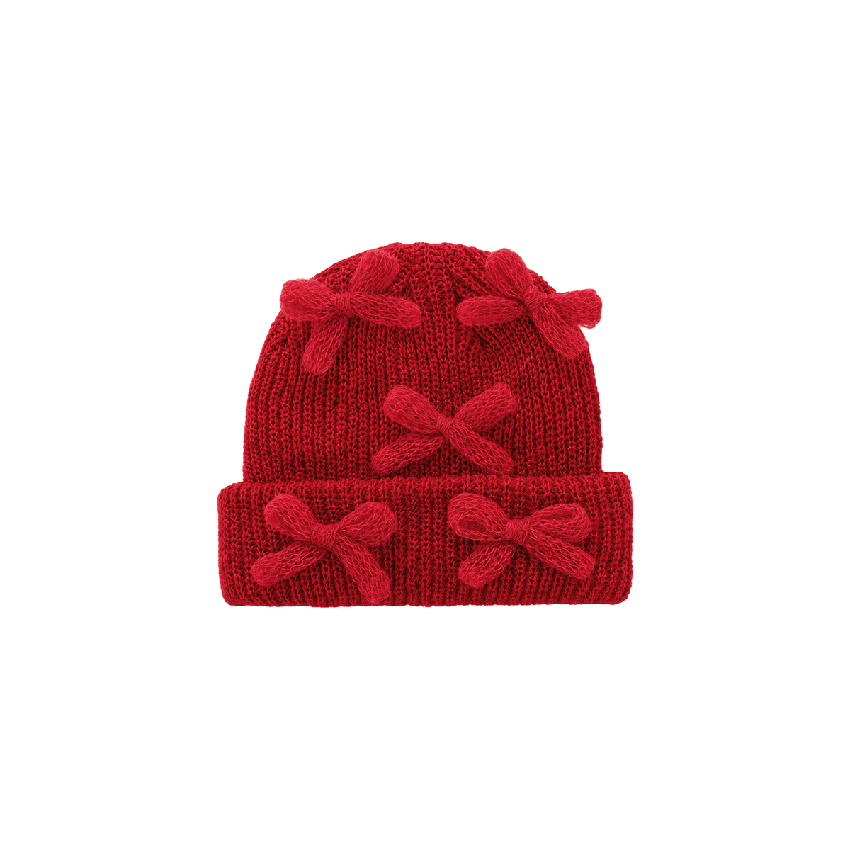 Beau bow knit baby beanie in rouge with five fluffy bows