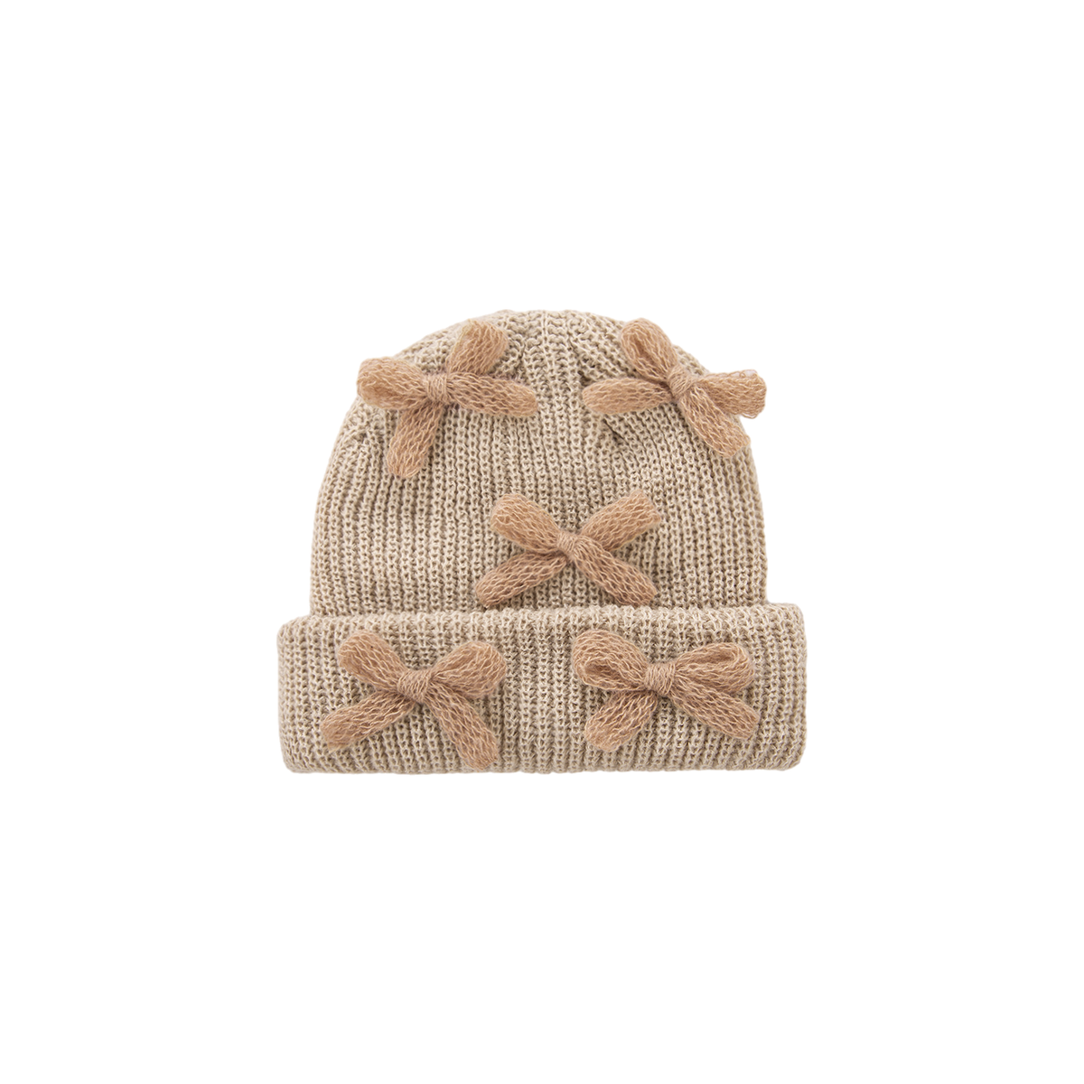 Beau bow knit baby beanie in sand with five fluffy bows