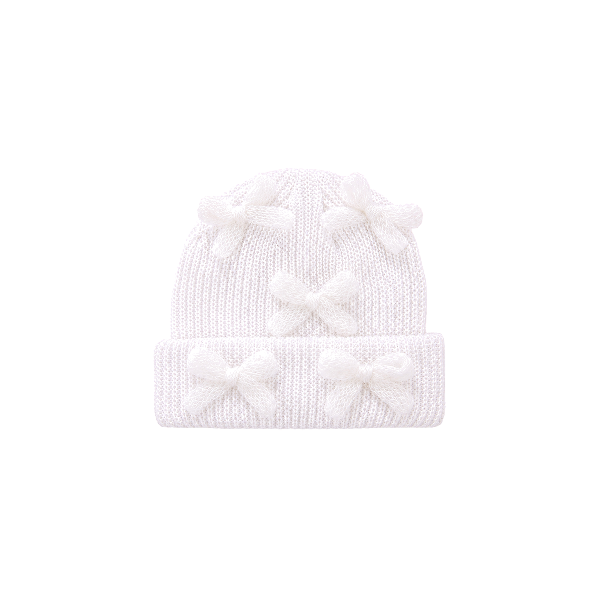 Beau bow knit baby beanie in white with five fluffy bows